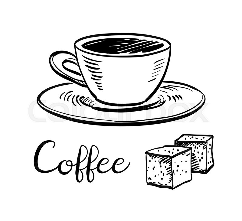800x731 Cup Of Coffee And Sugar Cubes. Ink Sketch Isolated On White