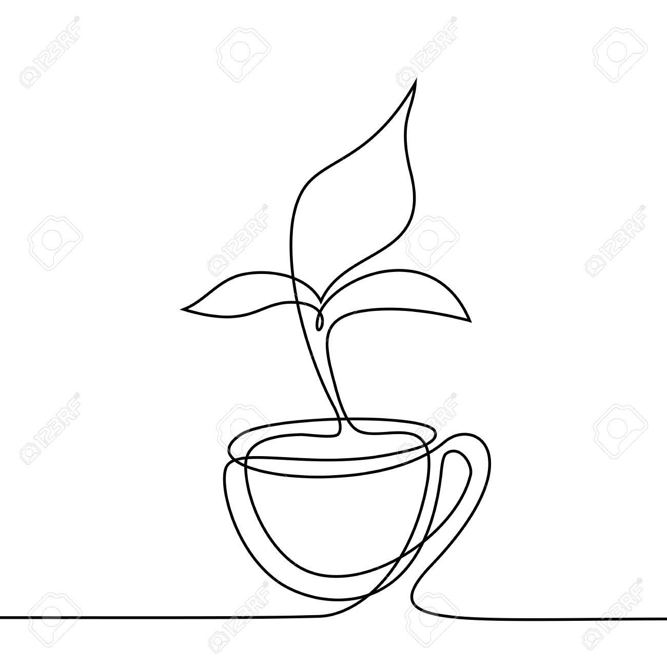 1300x1300 Cup Of Tea With Smell Shaped Leaf. Continuous Line Drawing. Vector