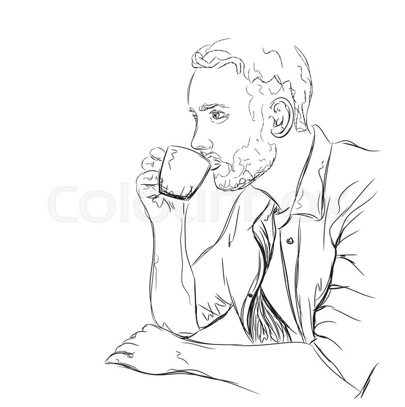 796x800 Hand Drawn Illustration. Man Drinking Coffee. People In Cafe