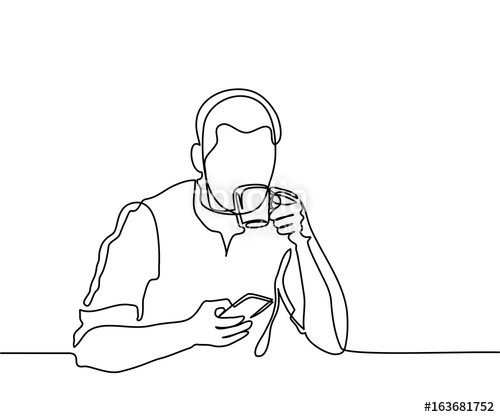 500x417 Young Man Browsing Cell Phone And Drinking Coffee. Continuous Line