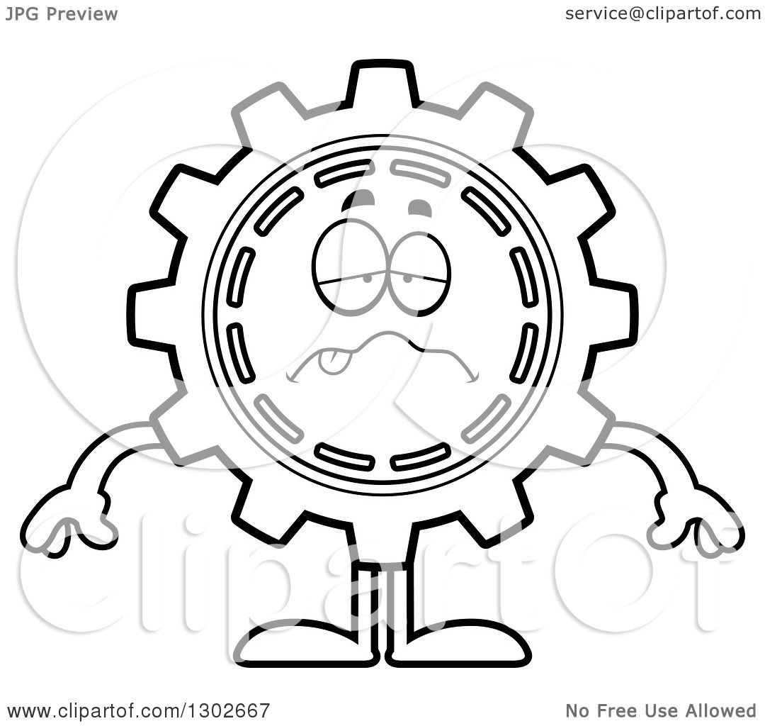 1080x1024 Lineart Clipart Of A Cartoon Black And White Sick Gear Cog Wheel