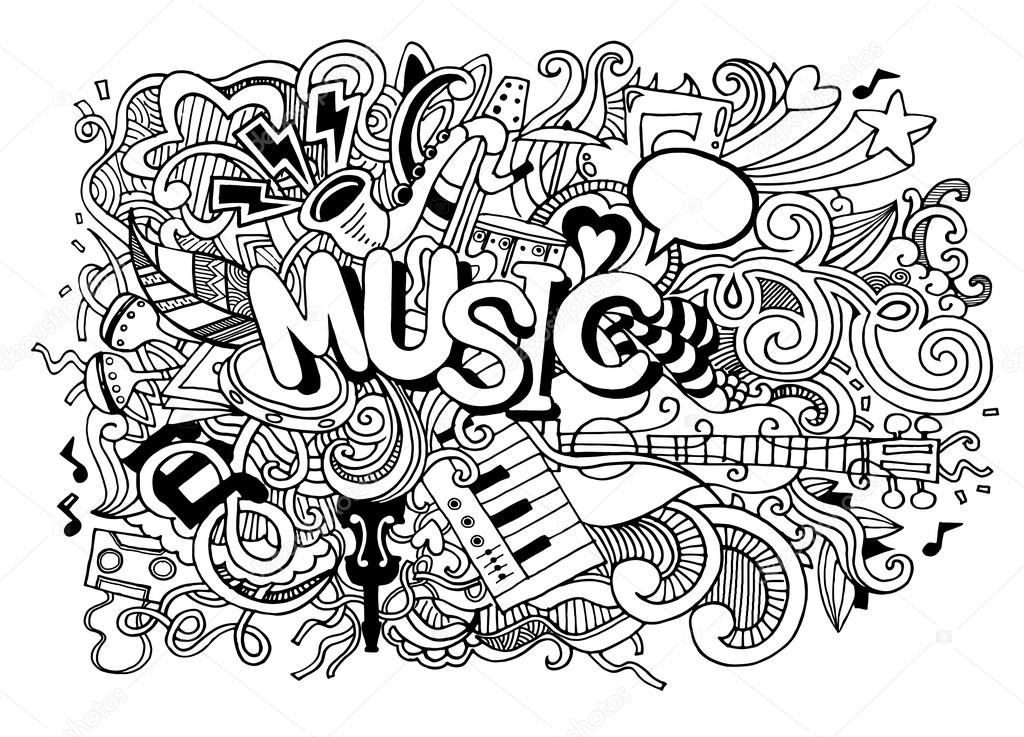 1024x737 Music Background ,collage With Musical Instruments.hand Drawing