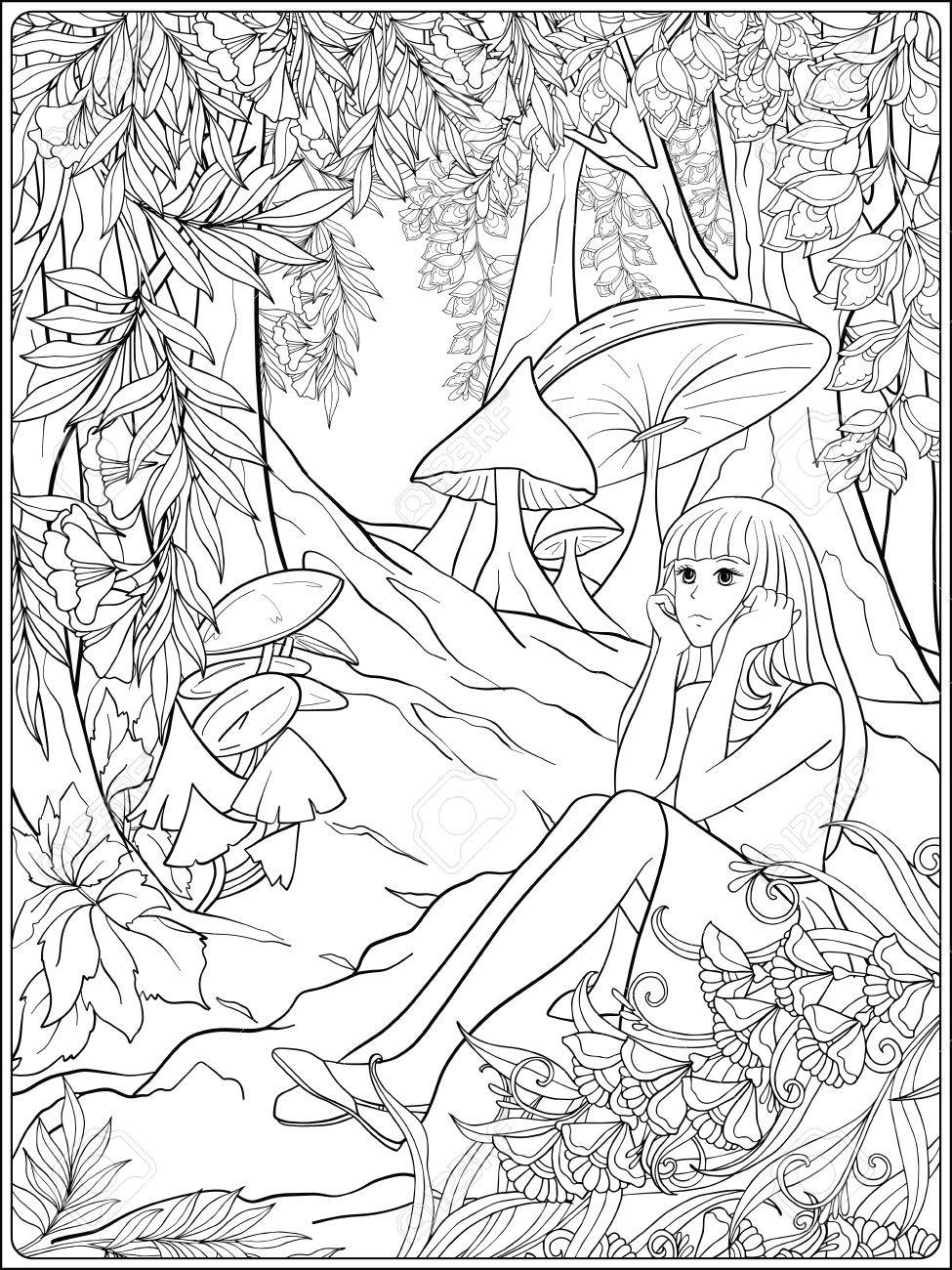 975x1300 Girl Alice In The Woods In The Meadow With Trees And Mushrooms