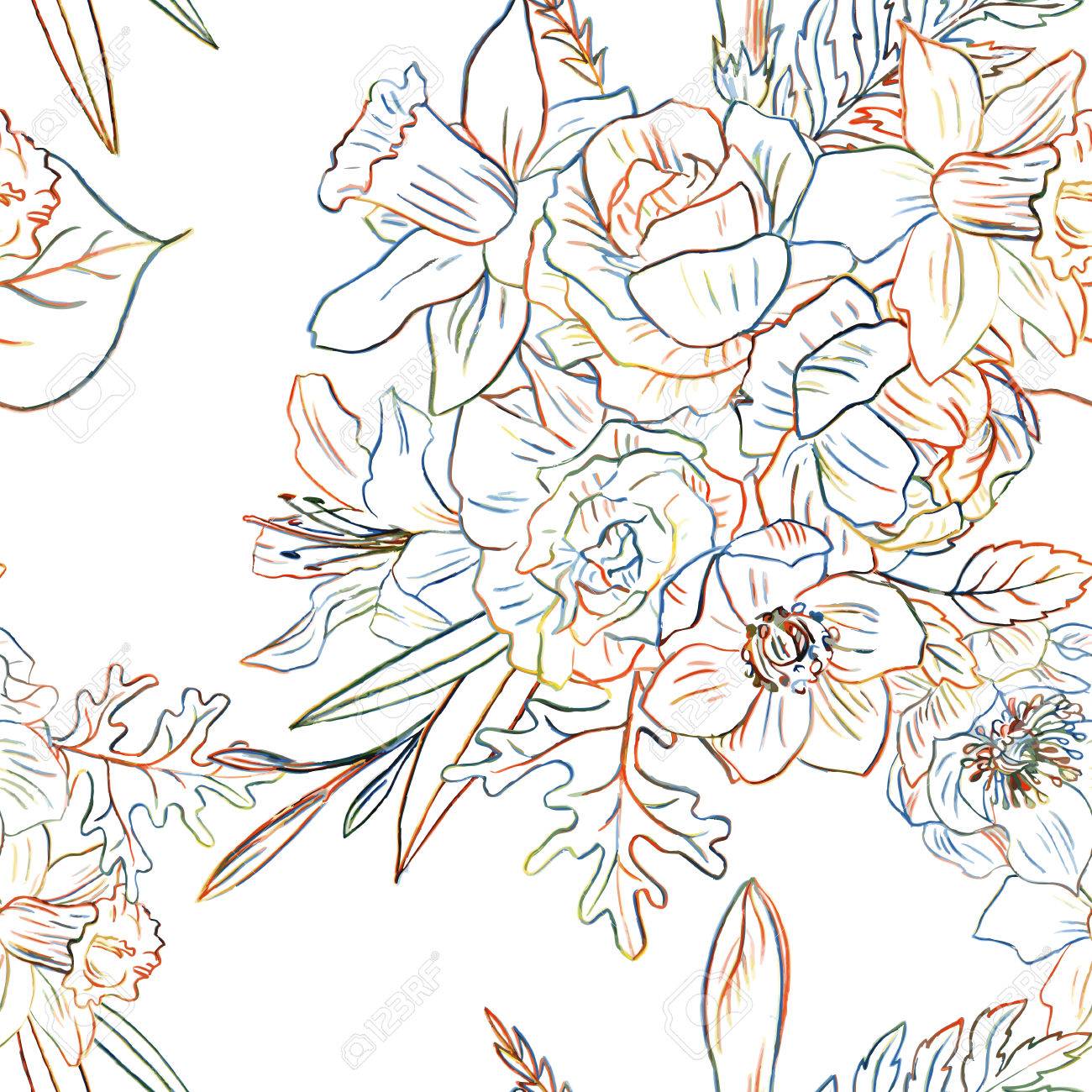 1300x1300 Line Drawing Floral Seamless Pattern With Colorful Doodle Flower