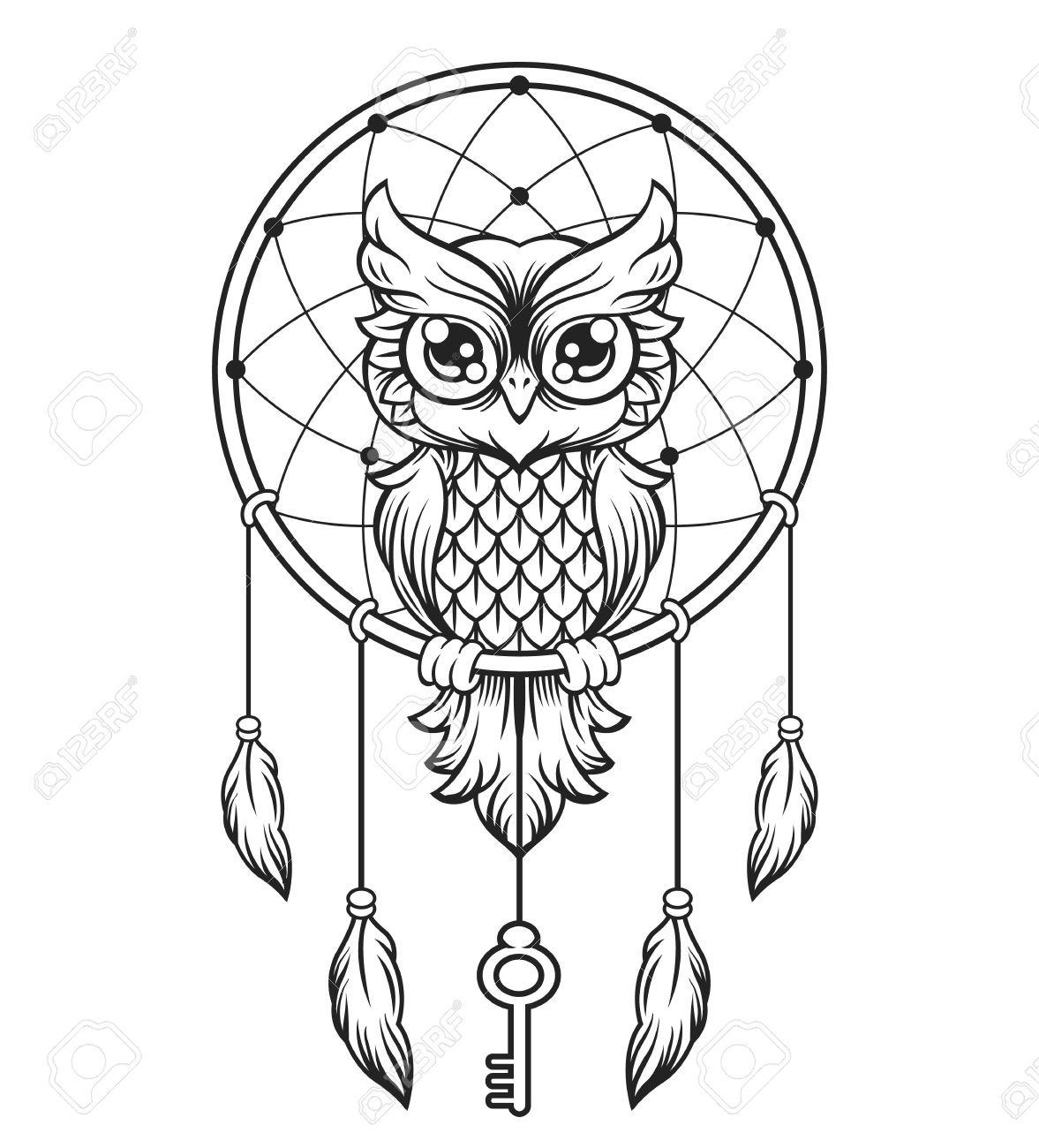 1177x1300 Dream Catcher Black And White Owl. Royalty Free Cliparts, Vectors