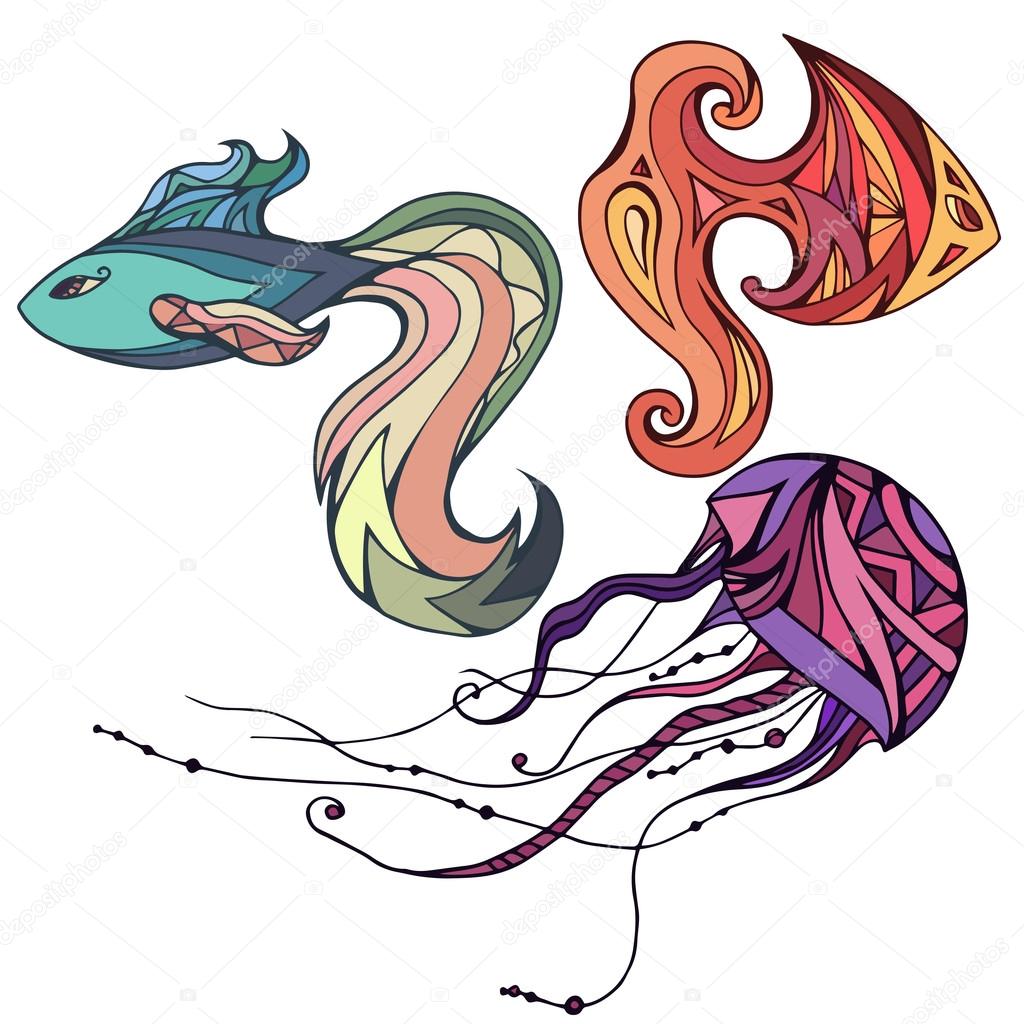 1024x1024 Set Of Colorful Fish And Jellyfish Stock Vector Veleri