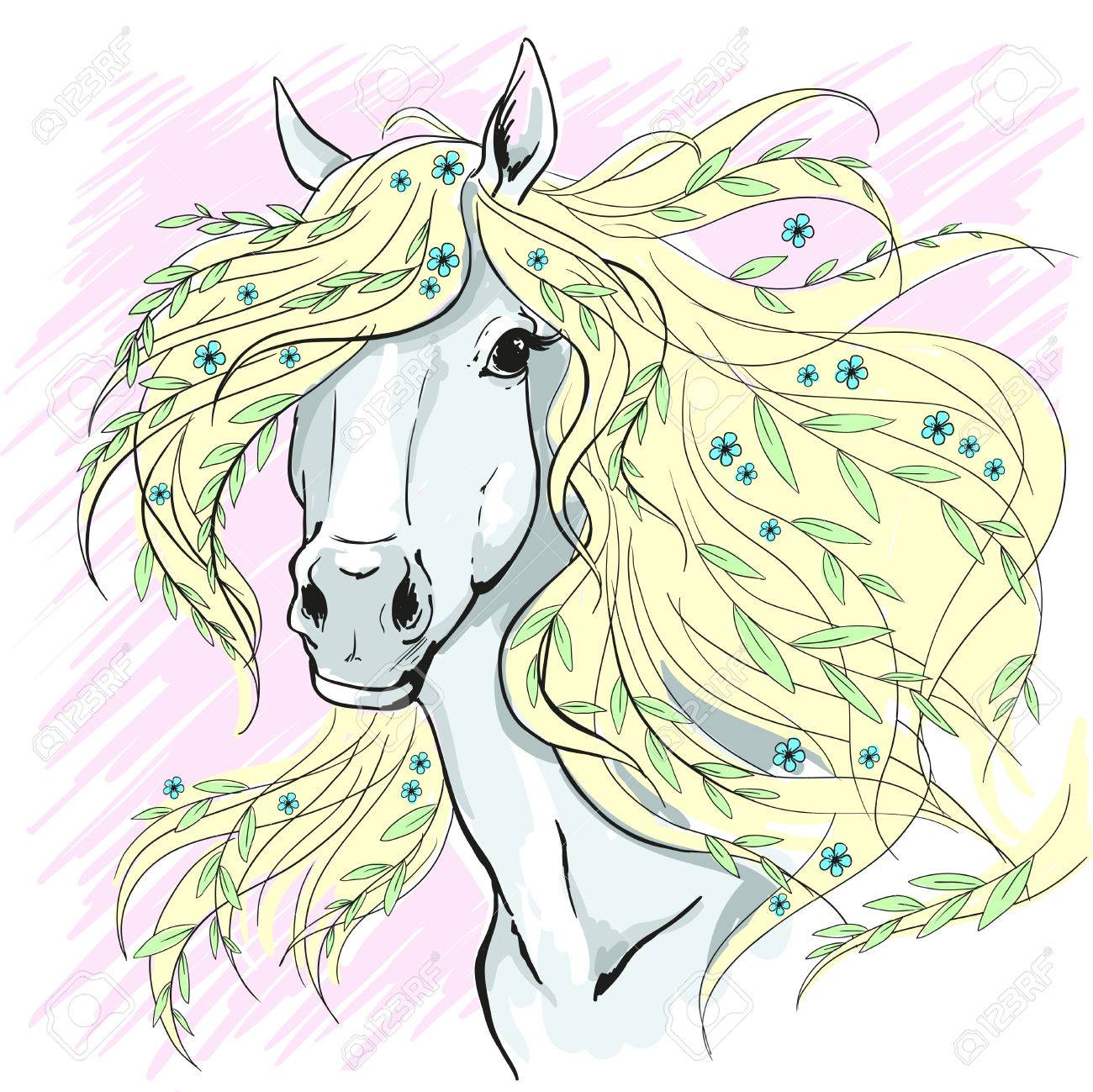 1300x1299 Horse Portrait. Horse Head With Flowers. Color Illustration