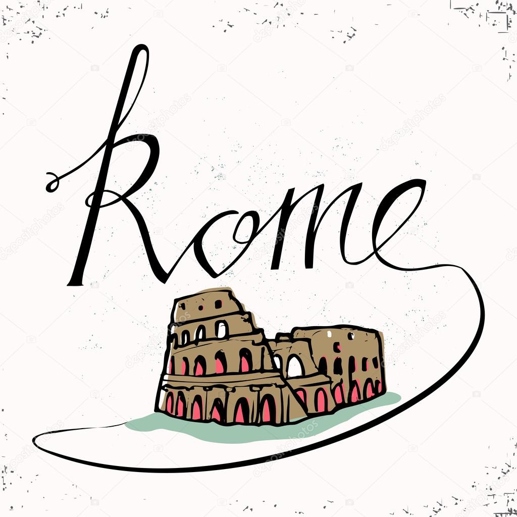 1024x1024 Rome Hand Lettering And Colosseum Hand Drawn. Vector Illustration