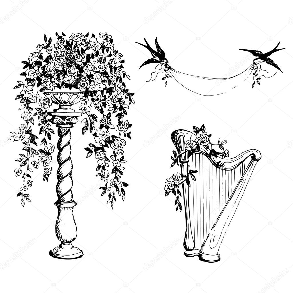 1024x1024 Vintage Set Sketch With A Column, Flowers, Birds For Design Book