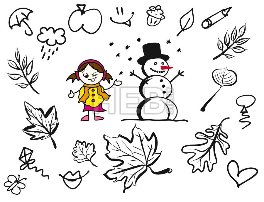 900x689 Little Comic Girl And Snowman With Various Sketched Leaves
