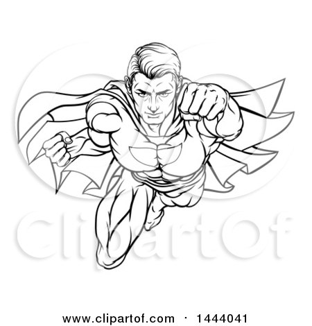 450x470 Clipart Of A Black And White Lineart Pop Art Comic Male Super Hero