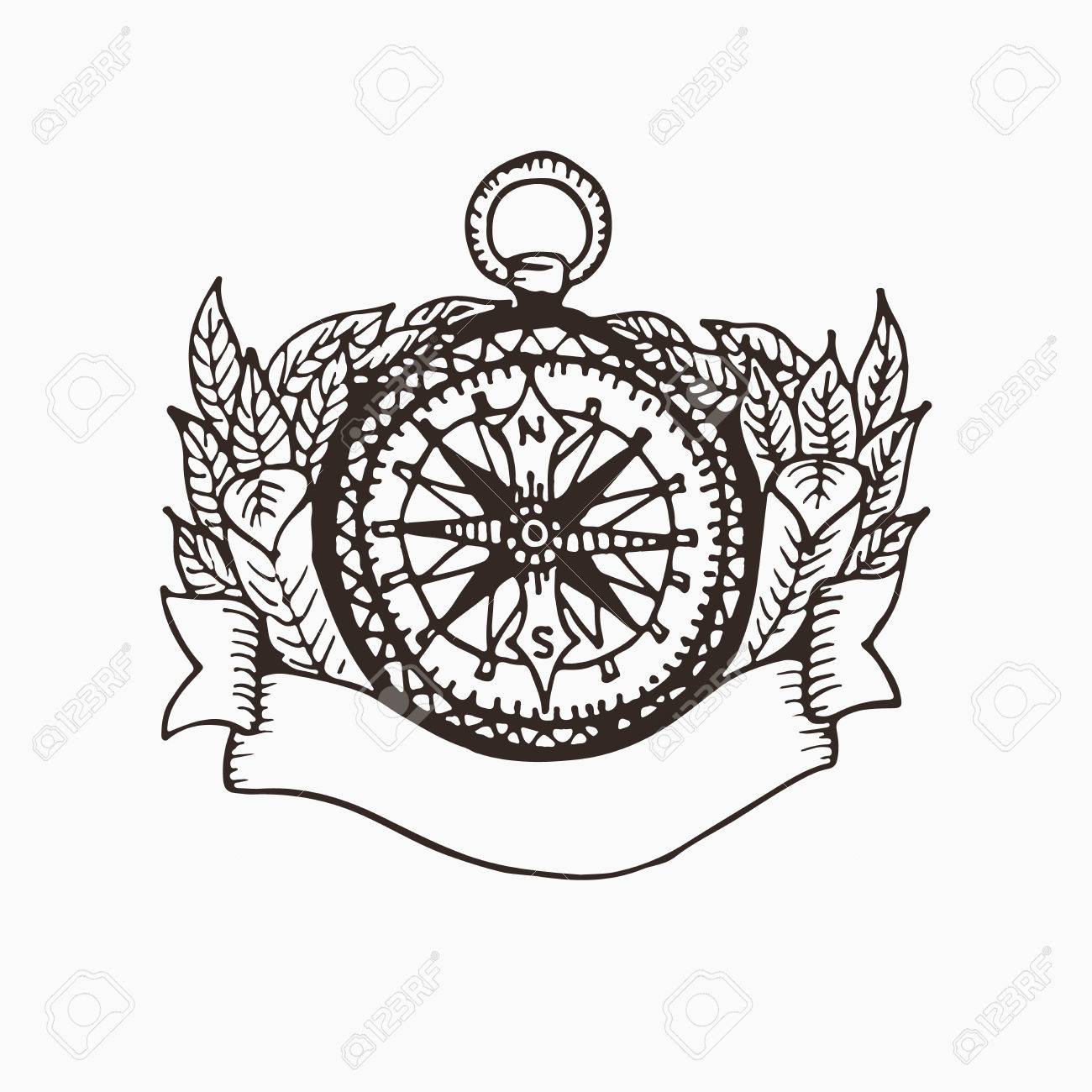 1300x1300 Hand Drawn Compass Illustration With Ribbon For Text And Leaves