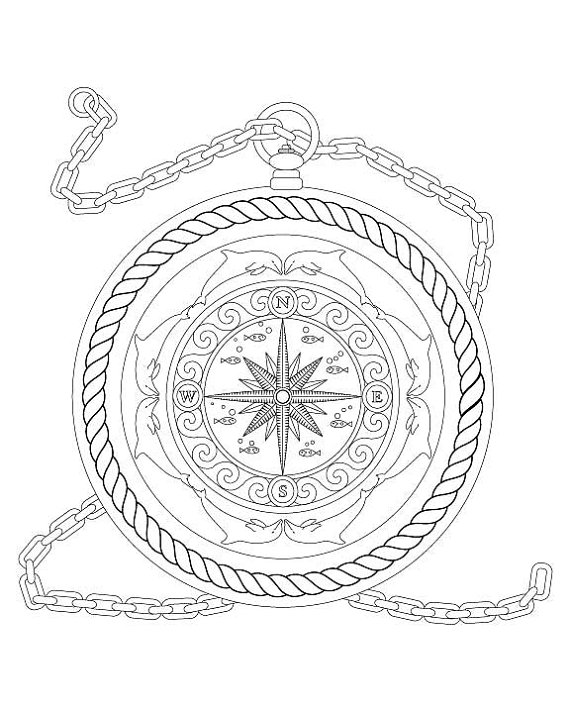 570x713 Fantasy Nautical Compass With Dolphins Rope Amp Fish Coloring