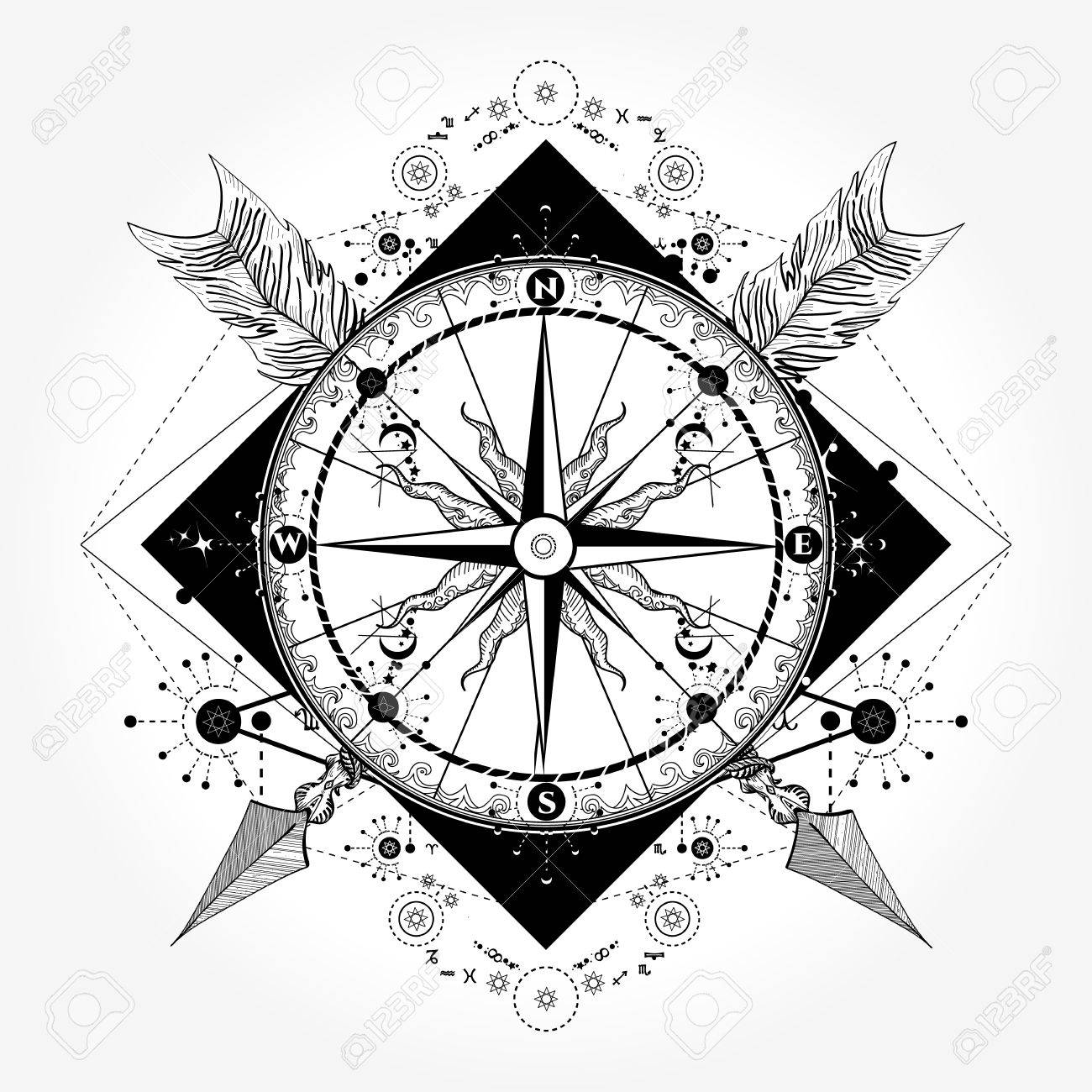 1300x1300 Compass Tattoo And T Shirt Design. Compass And Crossed Arrows