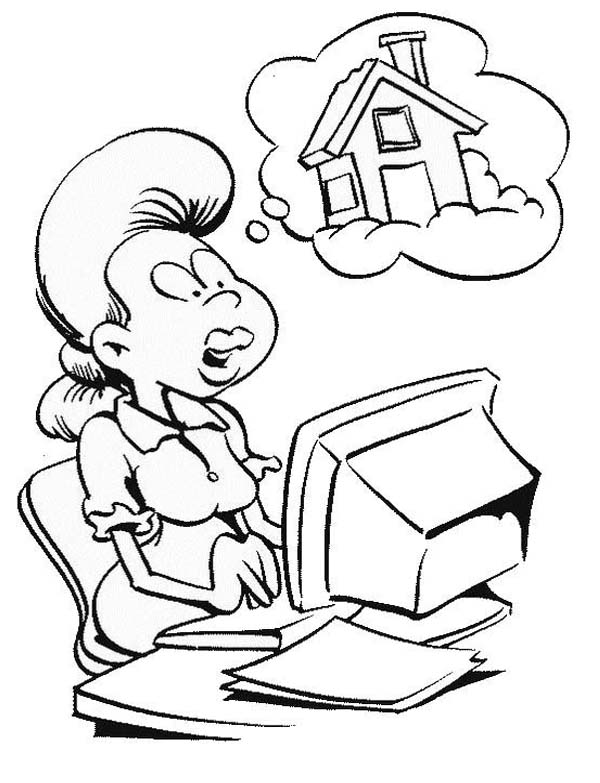 600x783 Girl Drawing A House With Computer Coloring Page Coloring Sun
