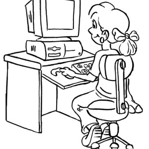 300x300 Girl Drawing A House With Computer Coloring Page Coloring Sun