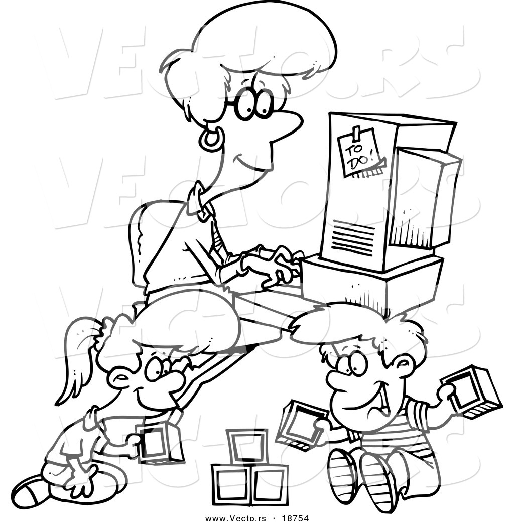 1024x1044 Vector Of A Cartoon Woman Working On Her Computer As Her Kids Play