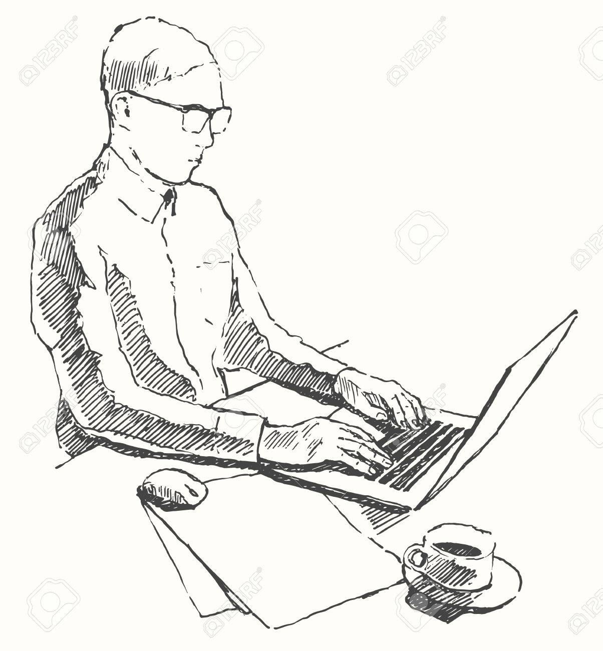 1204x1300 Sketch Of Hands With Computer Man Doing Office Work Top View