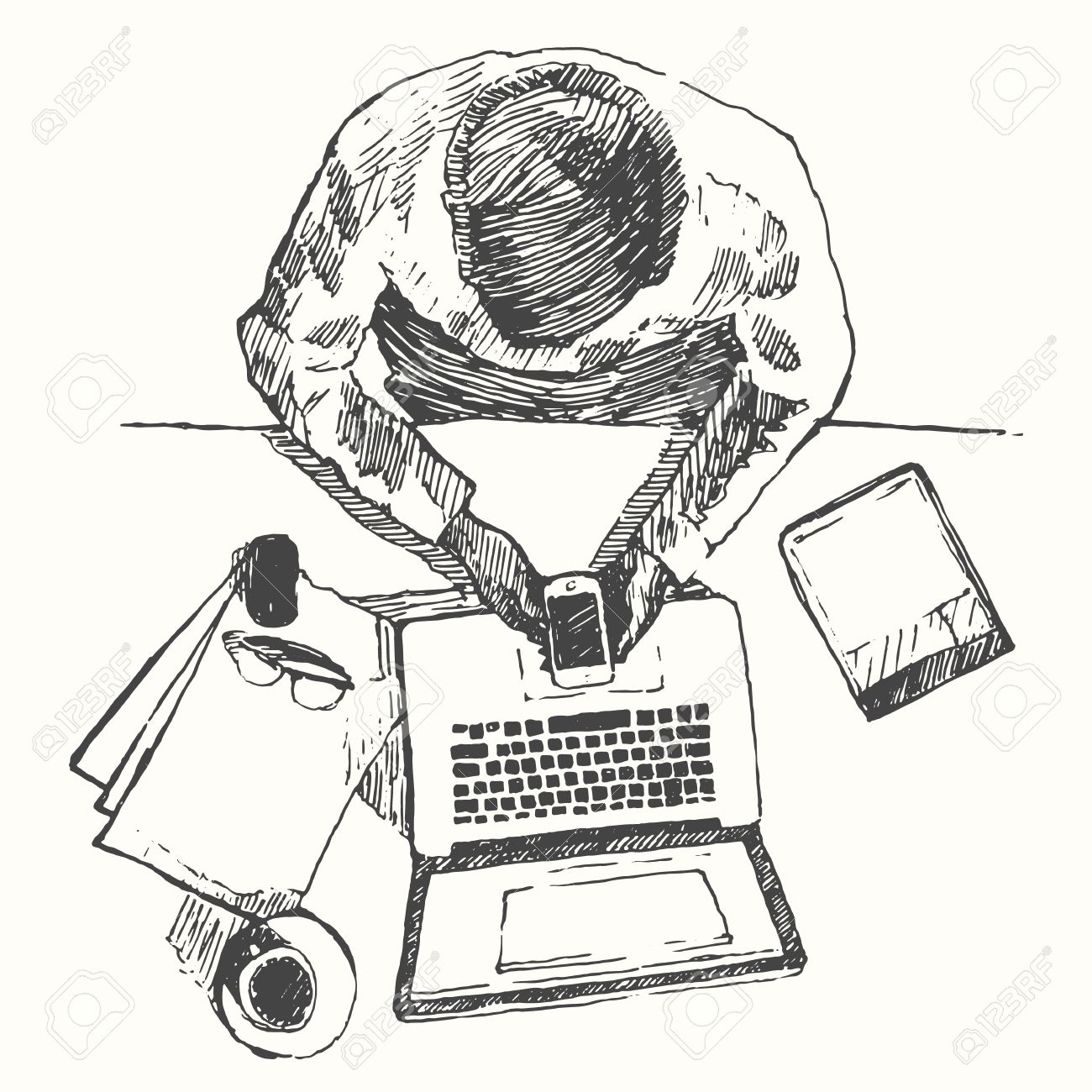 1300x1300 Sketch Of Hands With Computer Man Doing Office Work Top View