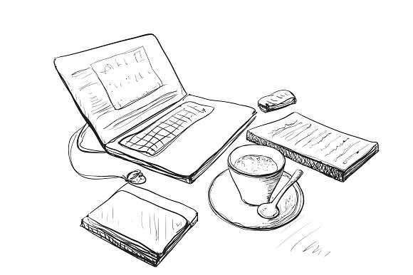 580x386 Hand Drawn Workplace With Computer Graphics Illustration Painted