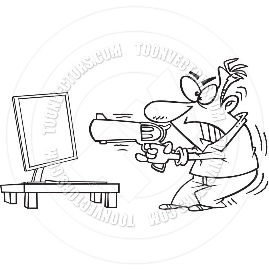 940x940 Cartoon Man Shooting Computer (Black And White Line Art) By Ron