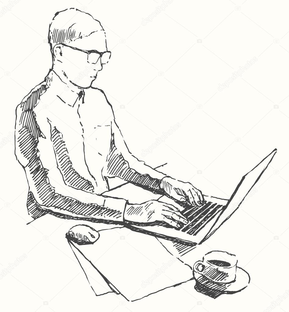 948x1024 Sketch Hands Computer Man Office Top View Drawn Stock Vector