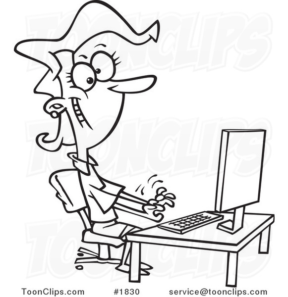 581x600 Cartoon Black And White Line Drawing Of A Happy Female Typist