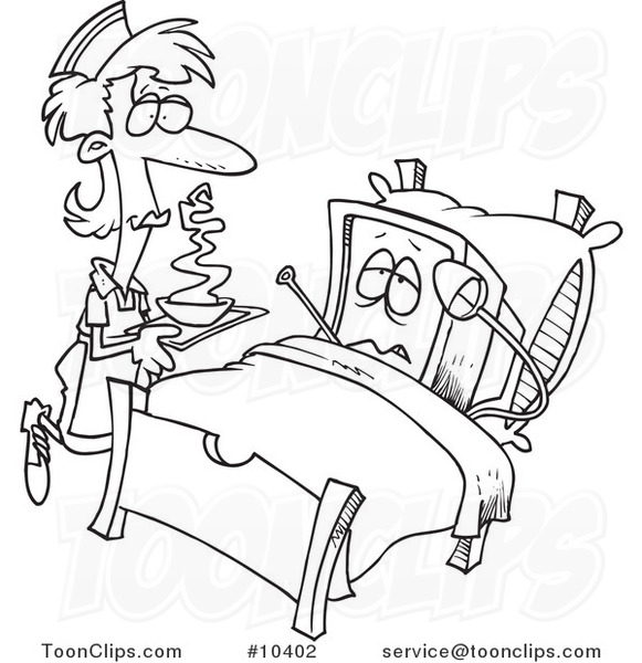 581x600 Cartoon Black And White Line Drawing Of A Nurse Tending To A Sick