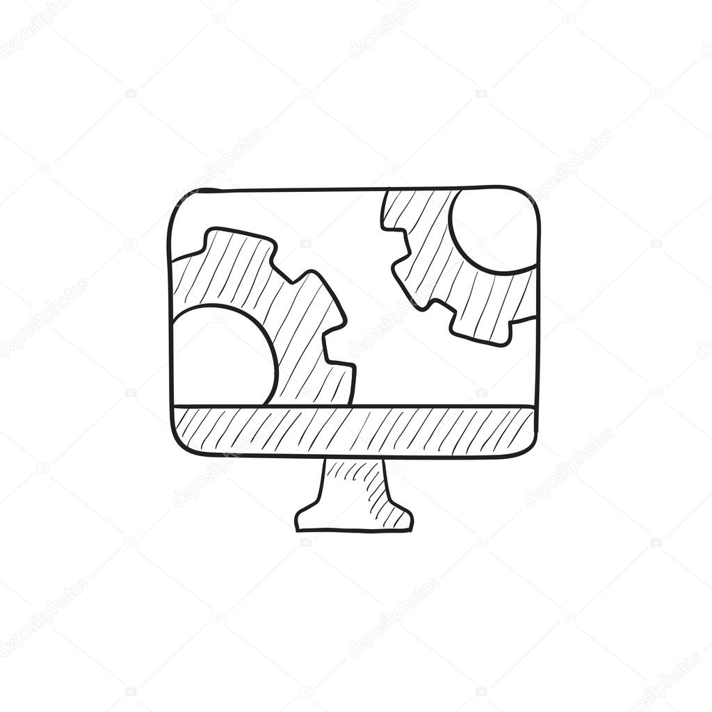 1024x1024 Computer Monitor With Gears Sketch Icon. Stock Vector Rastudio