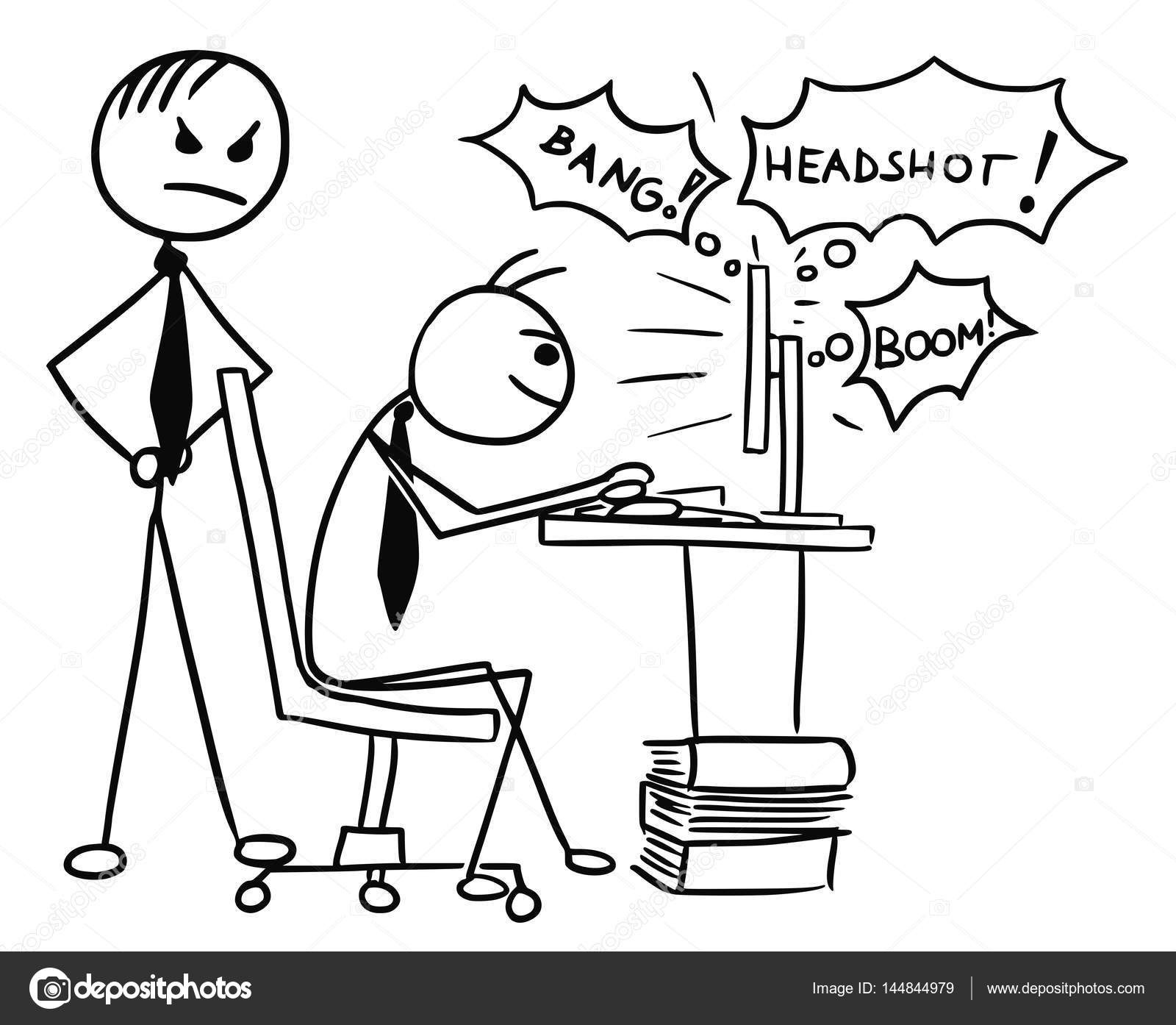 1600x1394 Cartoon Of Man Playing Video Game On Computer Screen During Job