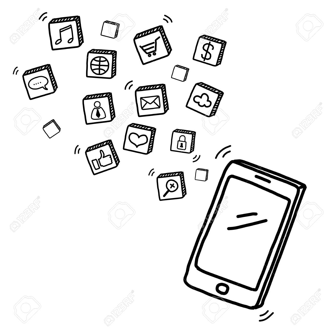 1300x1300 Hand Draw Mobile Phone With Social Media Concept Stock Photo