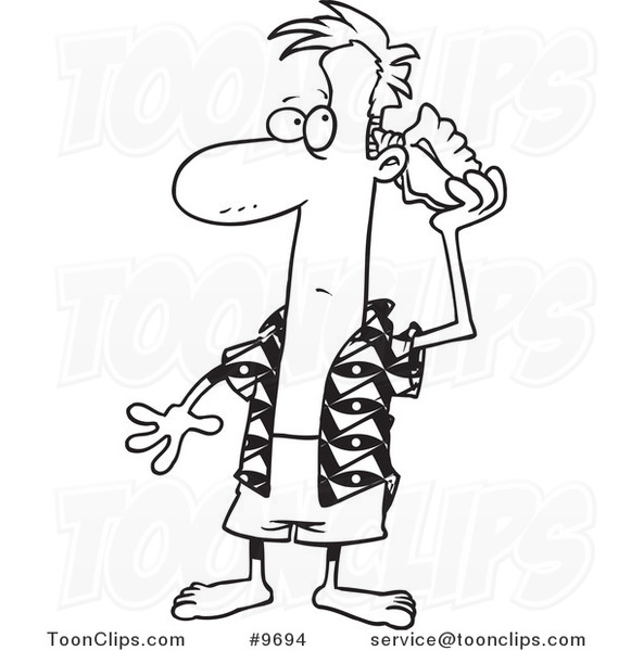 581x600 Cartoon Black And White Line Drawing Of A Guy Listening To A Conch