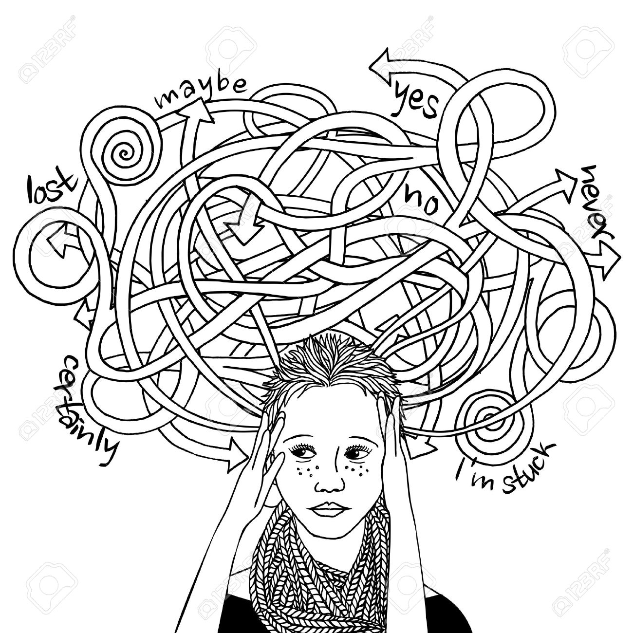 1300x1300 Confused Decision Making Girl, Black And White Ink Illustration