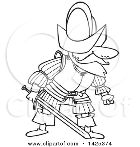 450x470 Clipart Of A Cartoon Black And White Lineart Mad Conquistador