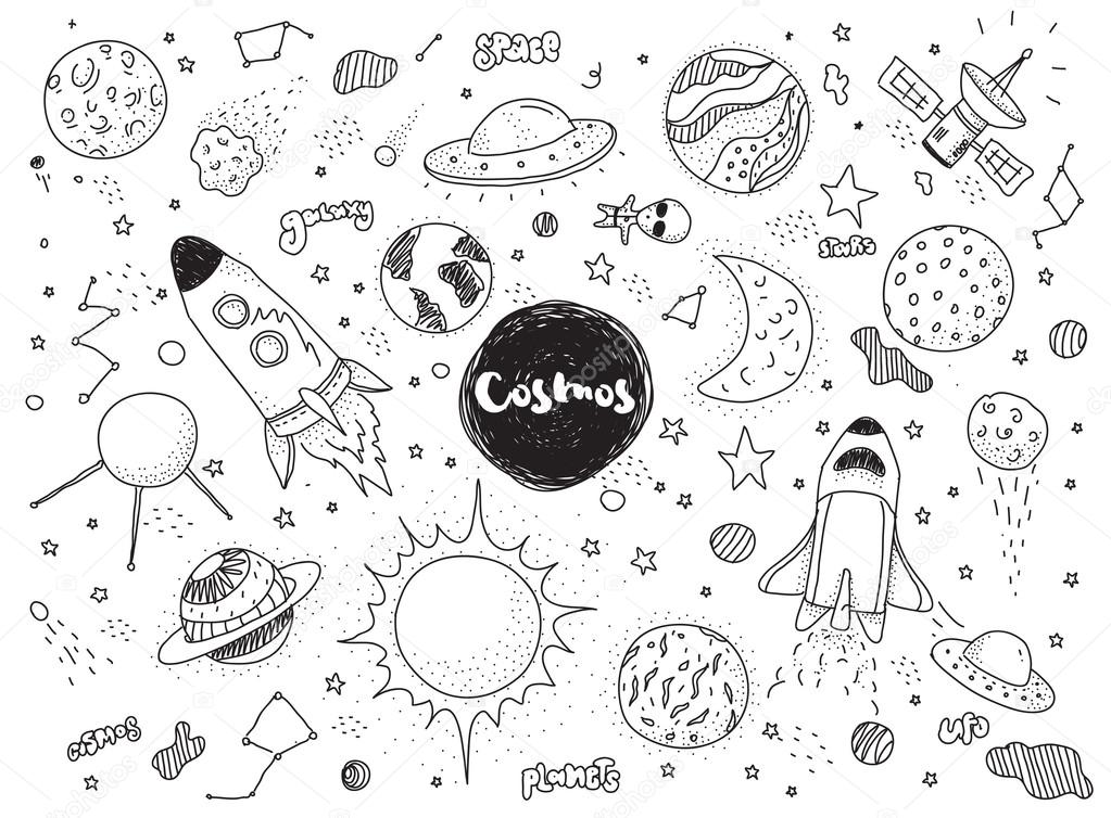 1023x754 Cosmic Objects Set. Hand Drawn Vector Doodles. Rockets, Planets
