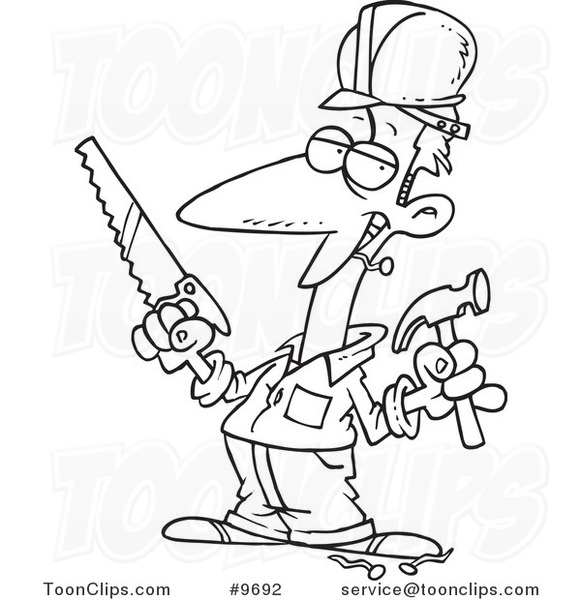581x600 Cartoon Black And White Line Drawing Of A Construction Guy Holding