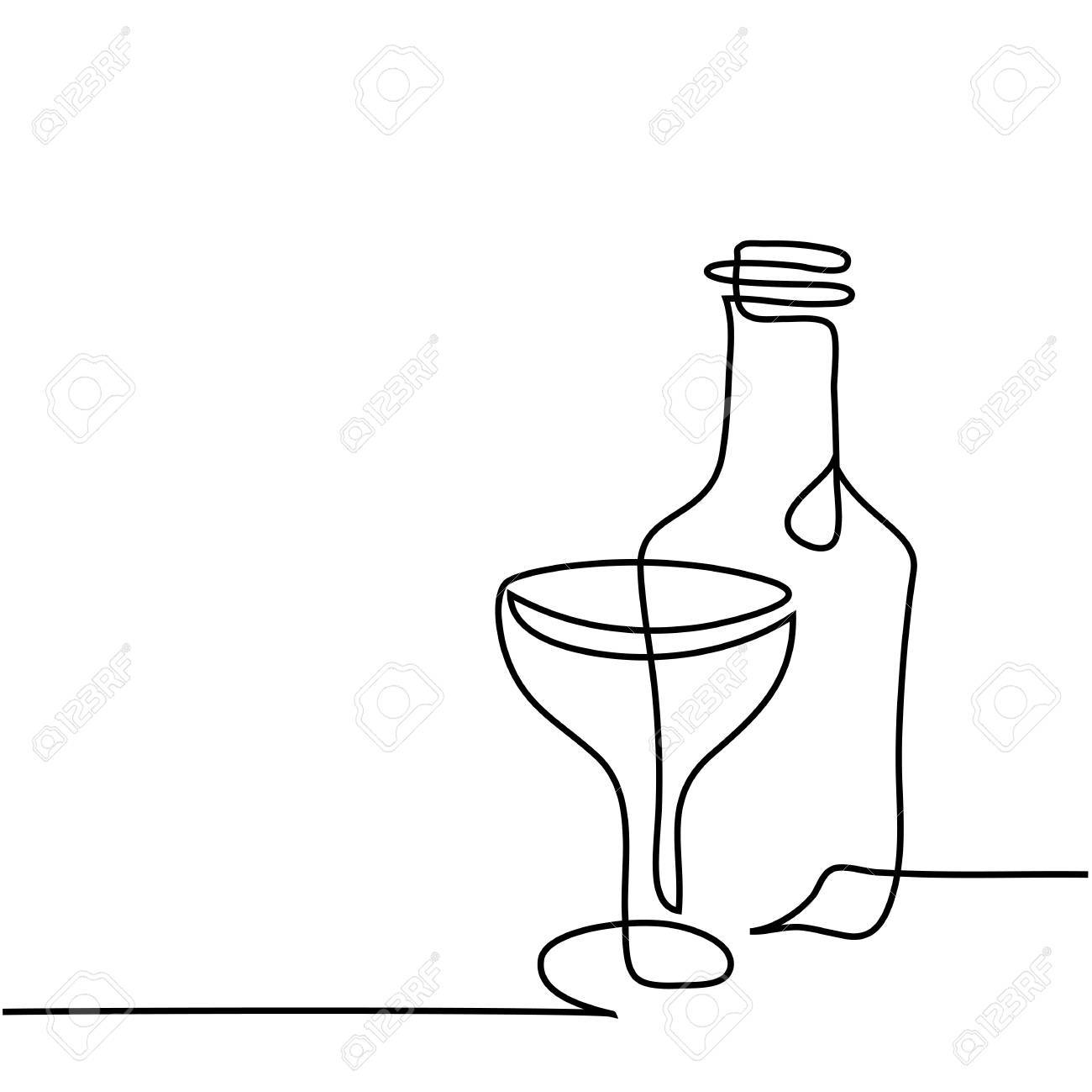 1300x1299 Continuous Line Drawing. Wine Bottle And Glass Contour. Black