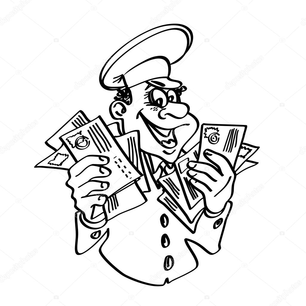 1024x1024 Postman With Letters In Hand. Contour Drawing. Stock Vector