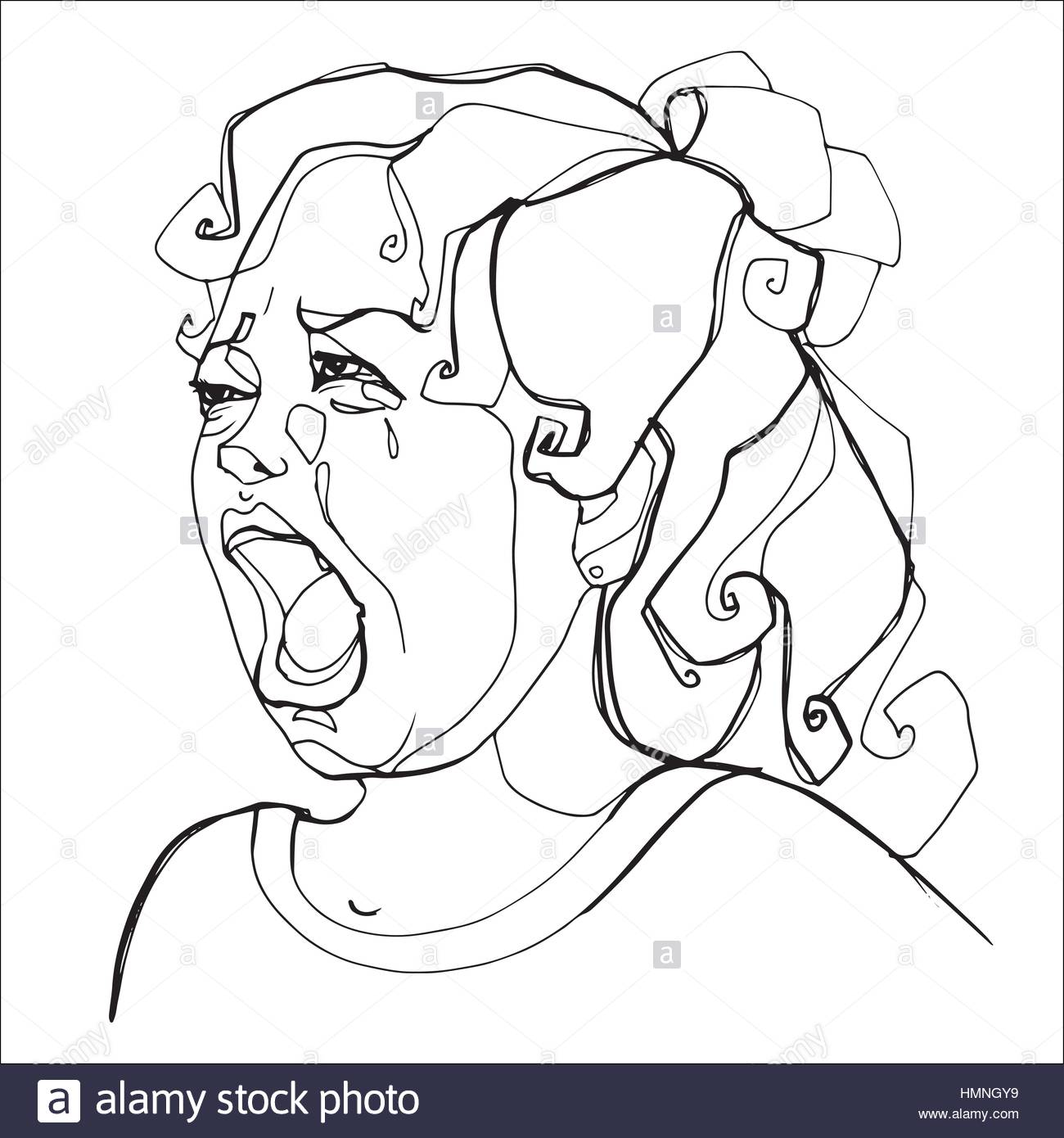 1300x1390 Young Girl Severely Crying, Human Emotions. Sketch Hand Drawing