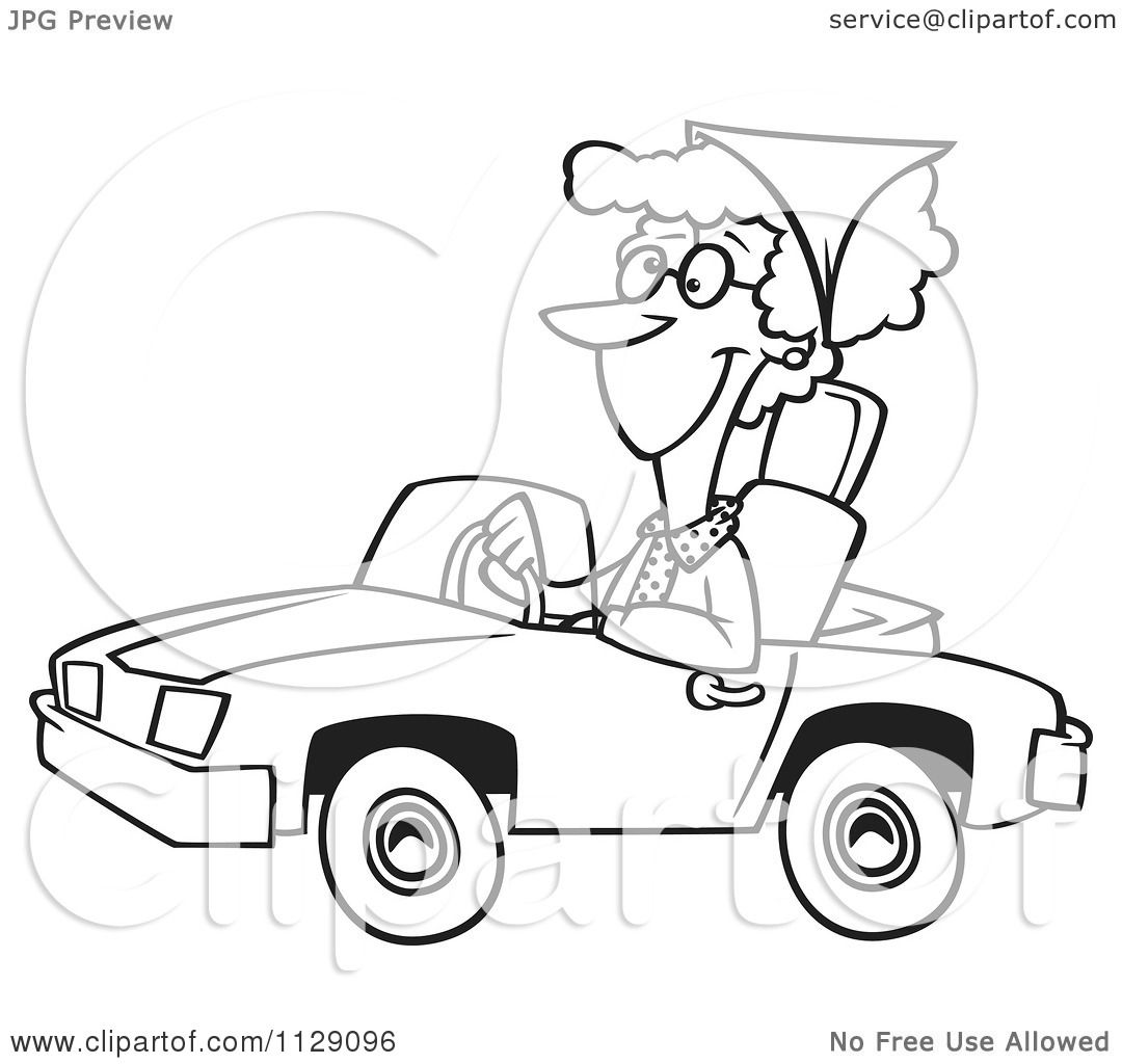 1080x1024 Cartoon Of An Outlined Senior Woman Driving A Convertible Car