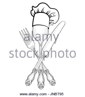 300x341 Cook Hat Over Spoon, Fork, Knife Hand Drawing Sketch Label