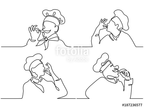 500x375 Set. Continuous Line Drawing. Chef Or Cook Making Tasty Delicious
