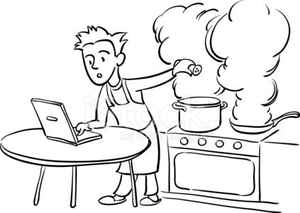 423x300 Whiteboard Drawing Man Cooking With Laptop Computer Stock Vectors