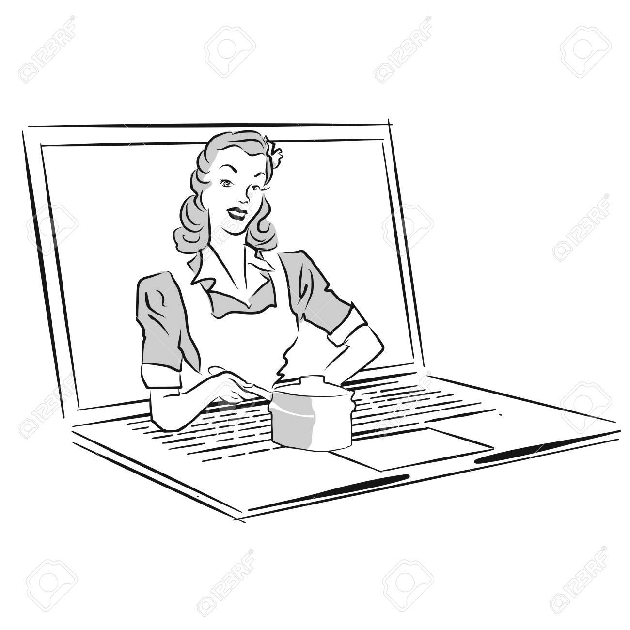 1300x1300 Housewife Serve Cooking Pot On Laptop Screen, Concept Outline