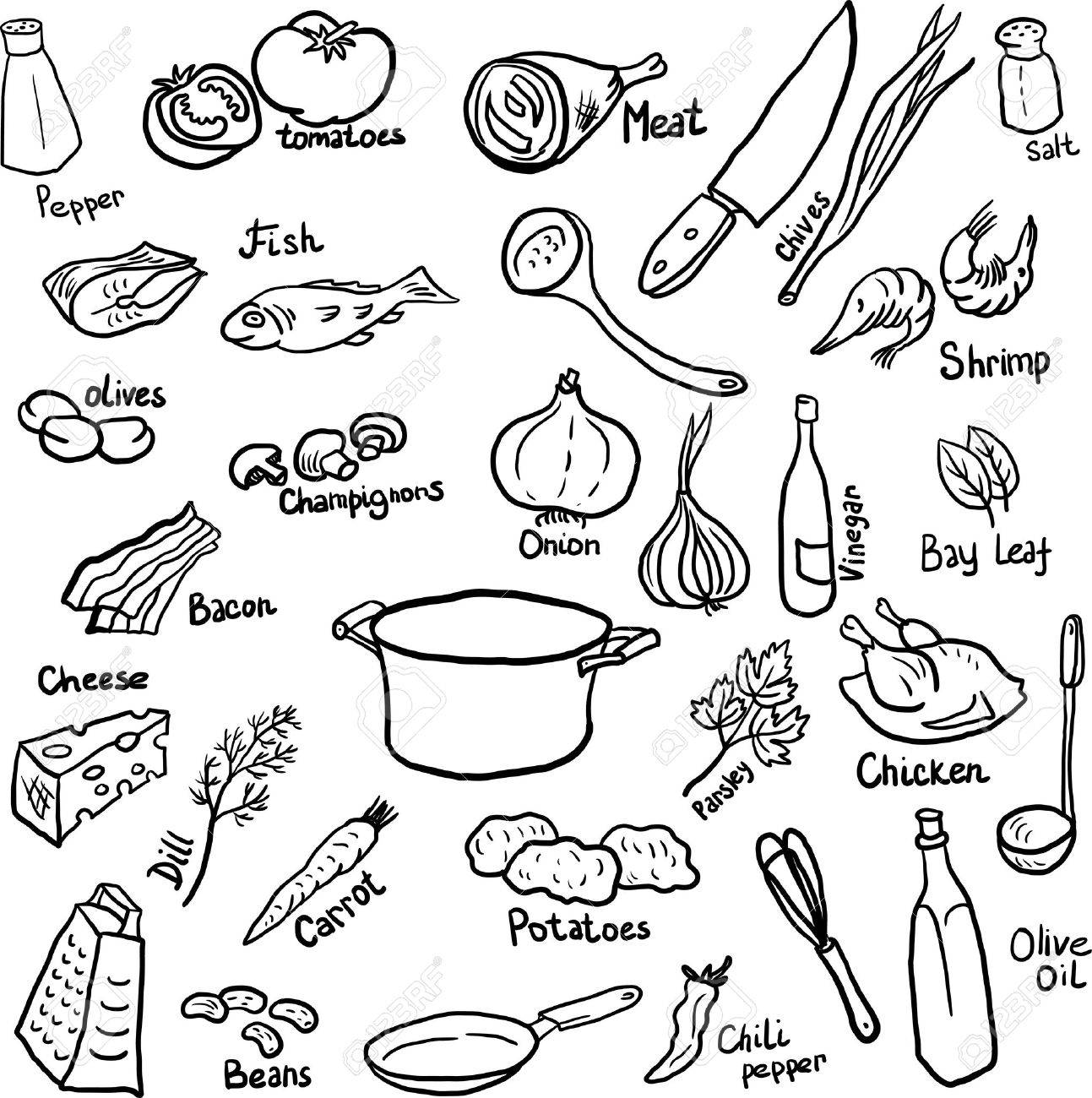 1293x1300 Doodle Set Of Components And Utensils For Cooking Dinner,hand