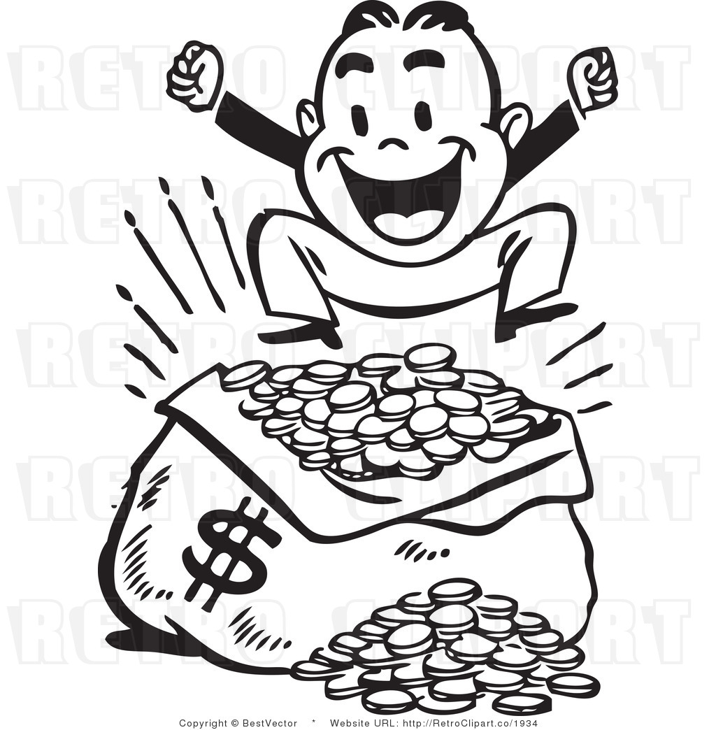1024x1044 Excited Retro Man Jumping Up And Down Beside Large Sack Of Money