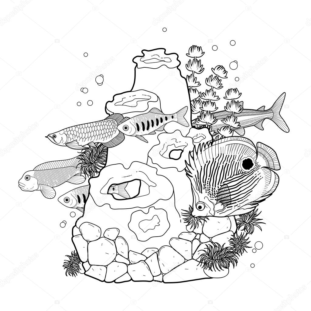 1024x1024 Graphic Aquarium Fish With Coral Reef Stock Vector