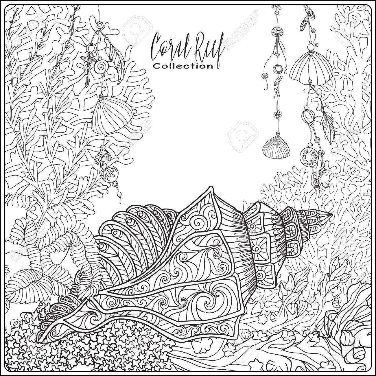 1300x1300 Coral Reef Collection. Corals, Fish And Sea Shells On Bottom