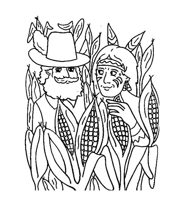 600x675 Pilgrim And Native American In Corn Field Thanksgiving Day