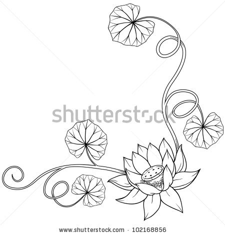 450x470 Lotus Flower Curly Frame Corner With Leaves. Isolated Monochrome